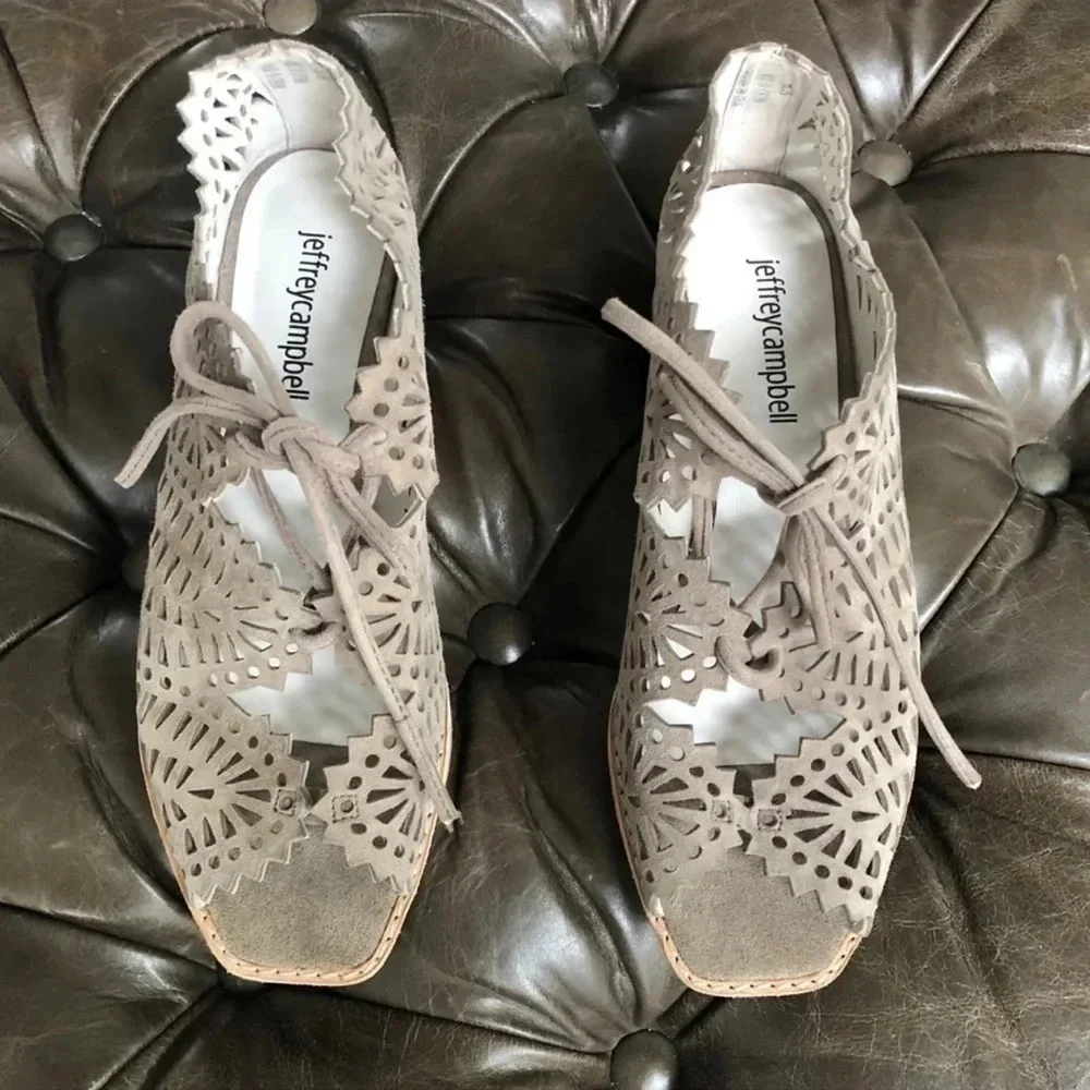 New Jeffrey Campbell Espejo low Wedge Sandal Perforated laser cut lace up print